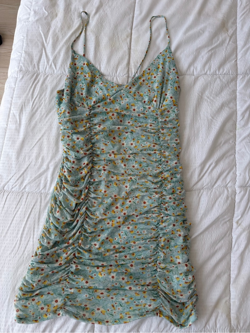Blue Blush Mint Floral Ruched Slip Dress